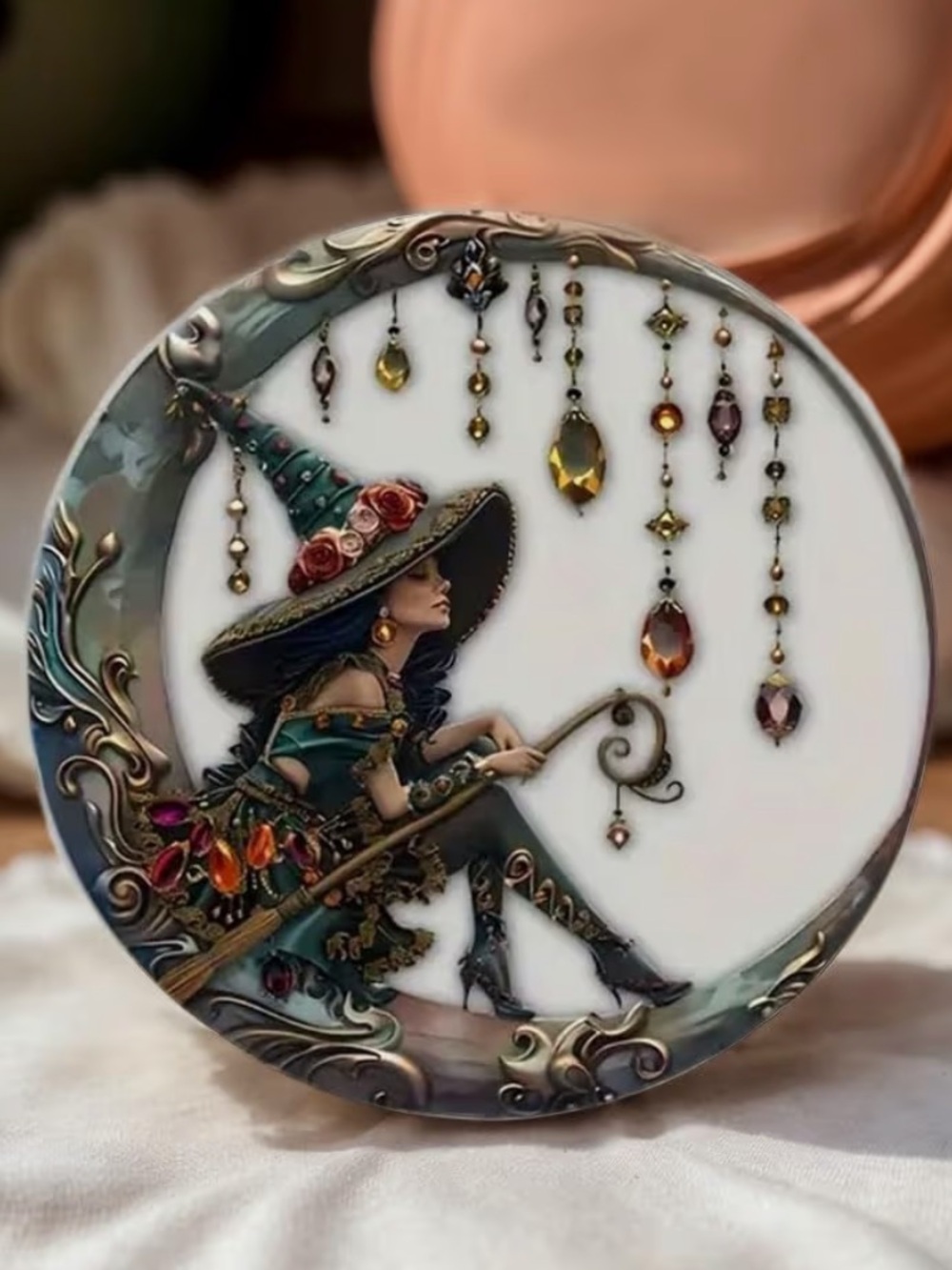 Witch on Crescent Moon Window Decor - Green and Gold B27 - Picture 3 of 8